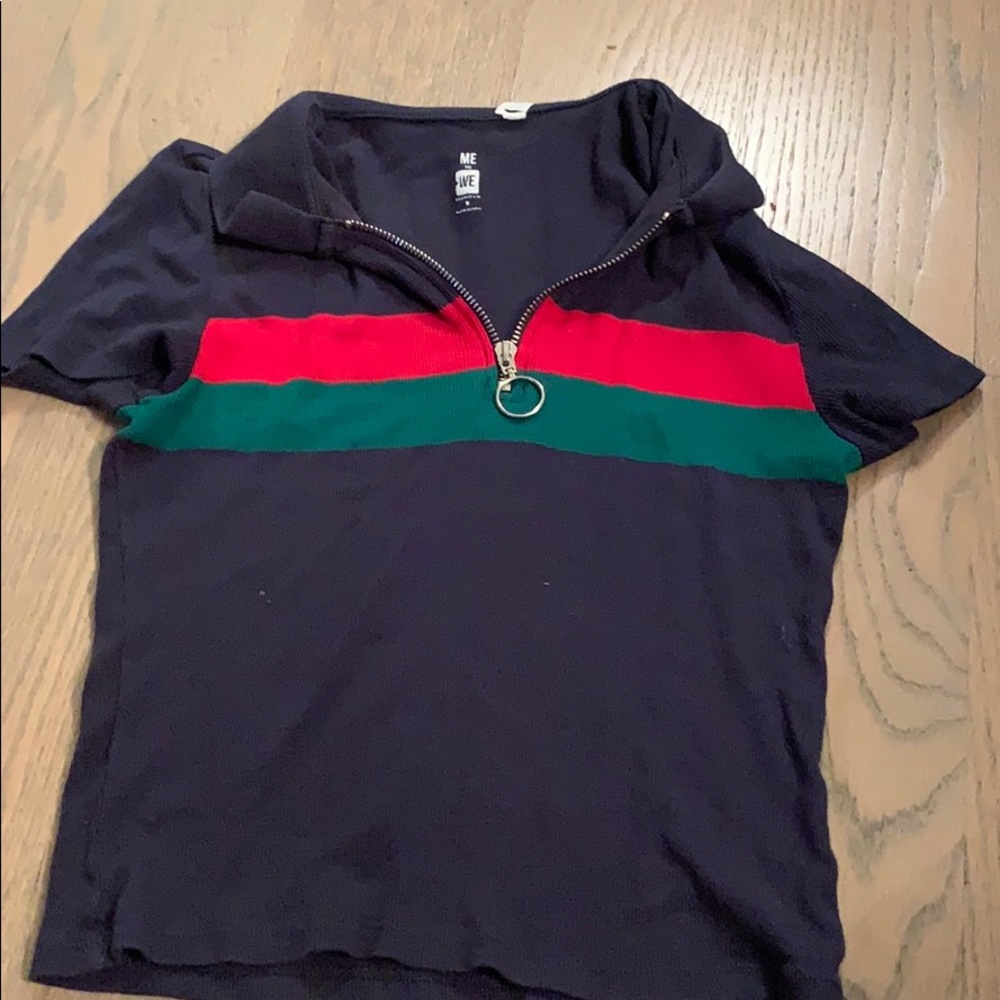 tight navy blue red and green top